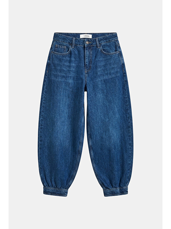 It's Basic Kadın Mavi 2w6-5 Jogger Ballon Fit Kemer Detaylı Tasarım Denim Jean