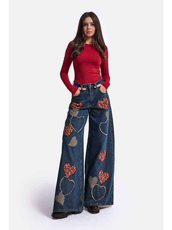 It's Basic Kadın Koyu Tint 1w6-8 Palazzo Fit Özel Nakış Desenli Tasarım Denim Jean