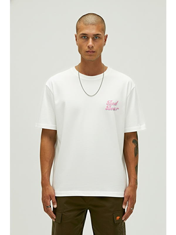 Bad Bear Bad Pink Beyaz Erkek Baskılı Tişört