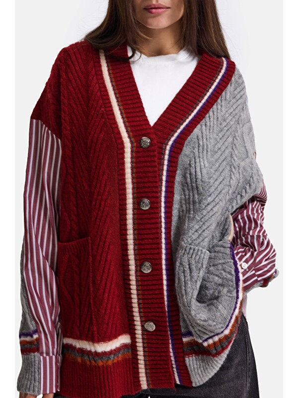 It's Basic Kadın Bordo w6-35 Oversize Gömlek Kumaş Detaylı Özel Tasarım Triko Hırka