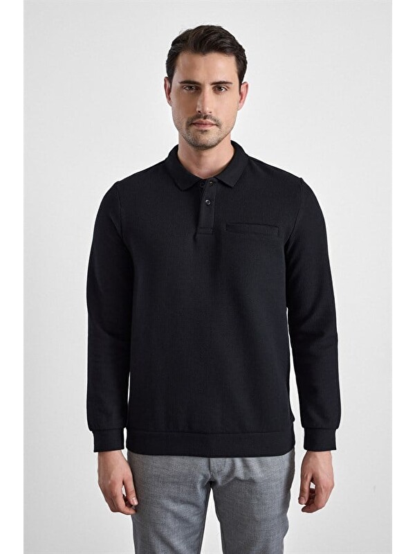 Süvari Siyah Regular Düz Baskısız Selanik Düğmeli Polo Yaka Torba Cep Trikolu Standart Sweatshirt