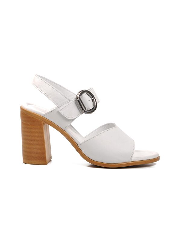 Beyaz Hakiki Deri Kadın Topuklu Sandalet 9750 - Görsel 2