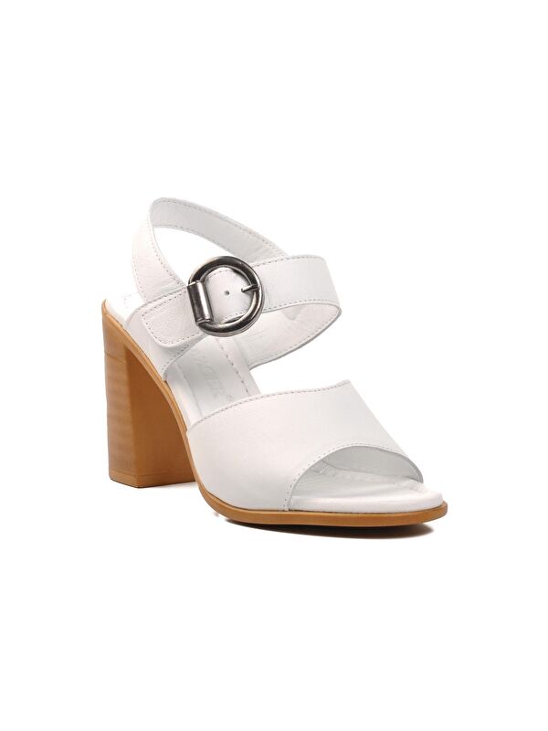 Beyaz Hakiki Deri Kadın Topuklu Sandalet 9750 - Görsel 4