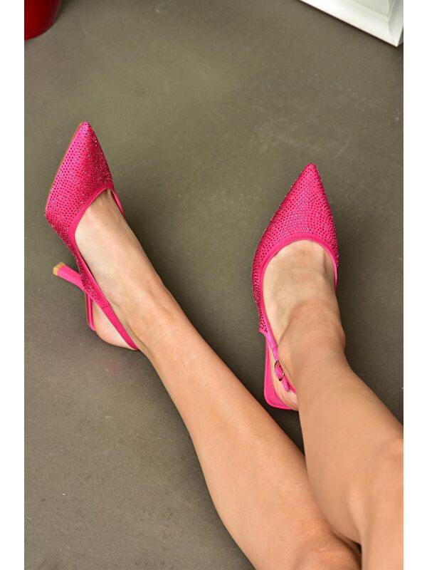 P820262004 Fuşya Kumaş Taşlı İnce Topuklu Kadın Abiye Ayakkabı - Görsel 4
