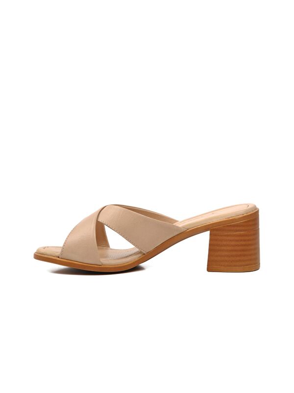 Bej Hakiki Deri Kadın Topuklu Terlik 9749 - Görsel 3