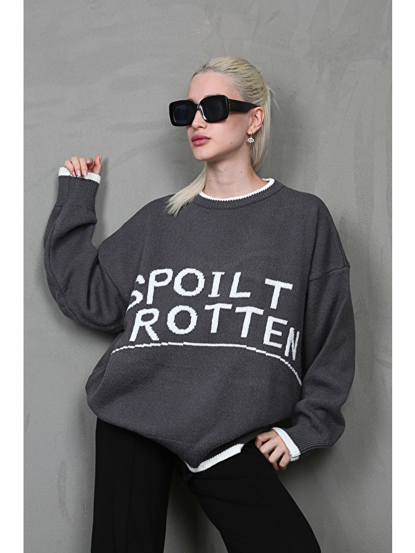 Madmext Füme Yazılı Oversize Bisiklet Yaka Kadın Kazak Mg1596