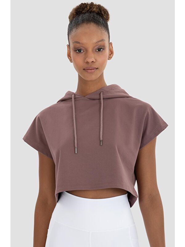 Superstacy Alice Kapüşonlu Kısa Kollu Koyu Gül Crop Sweatshirt