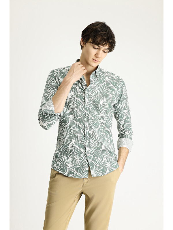 Kiğılı Uzun Kol Slim Fit Dar Kesim Baskılı Pamuk Gömlek