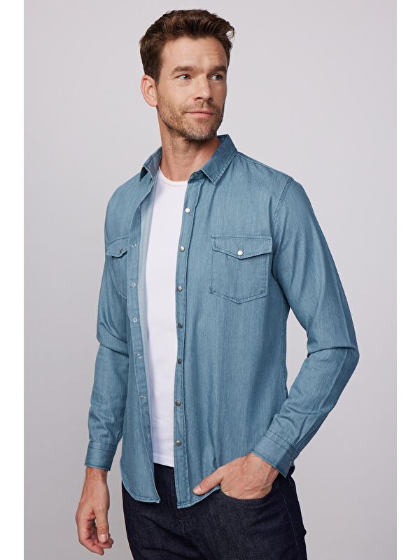 TUDORS Slim Fit Uzun Kollu Çift Cep Çıtçıtlı Denim Petrol Rengi Erkek %100 Pamuk Gömlek