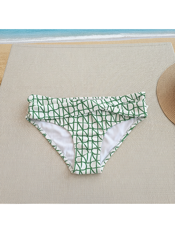 Bonbon Kadın Plaj Giyim Ekru Yeşil Desenli Önü Çapraz Bikini Alt Bb2554