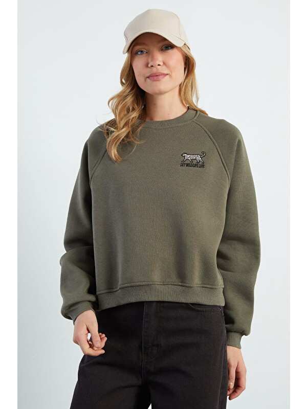 Fullamoda 3 İplik Leopar Nakışlı Reglan Kol Oversize Sweatshirt