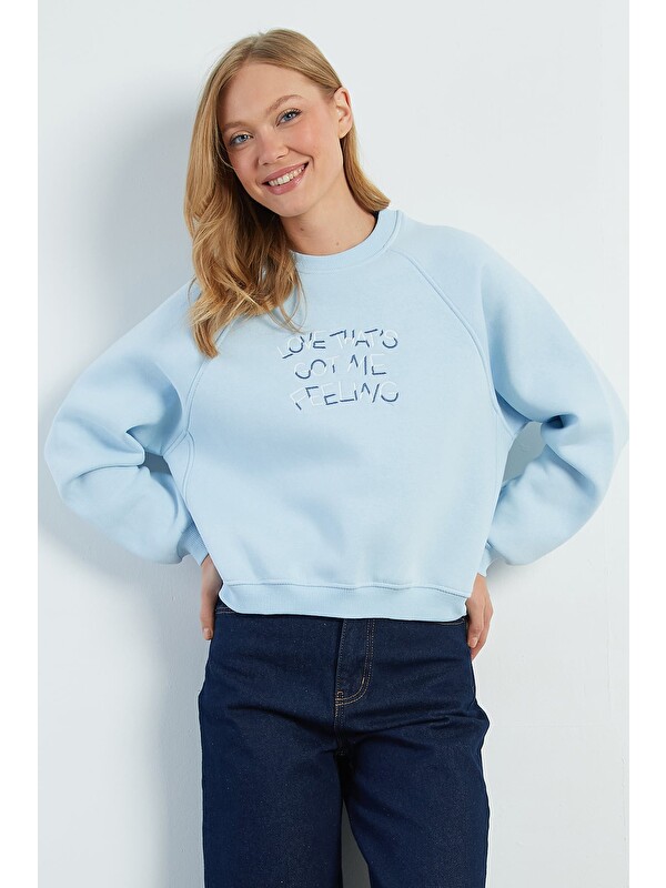 Fullamoda 3 İplik Yazı Nakışlı Reglan Kol Oversize Sweatshirt