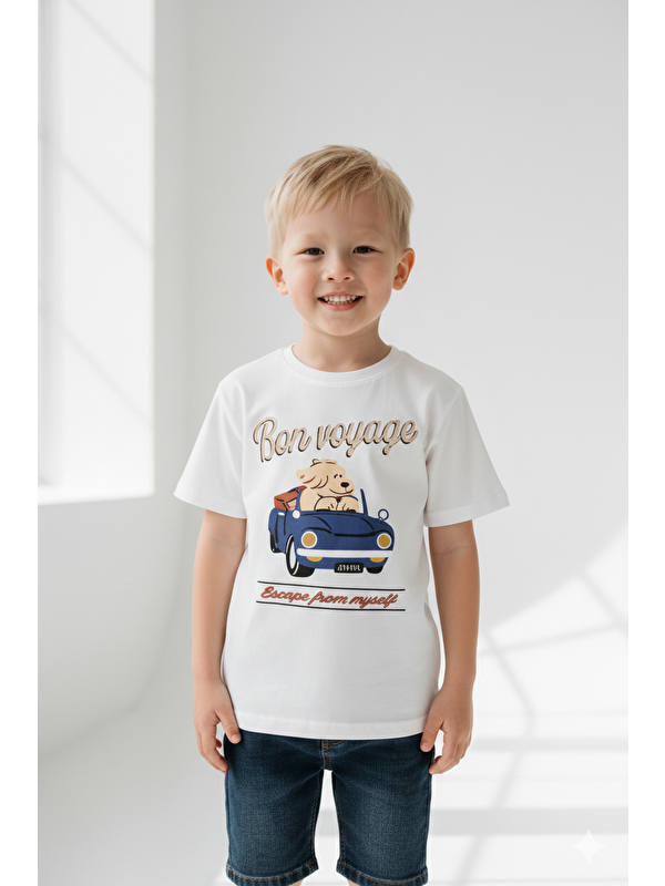 Monila Erkek Çocuk Bej Baskılı Bisiklet Yaka Tshirt