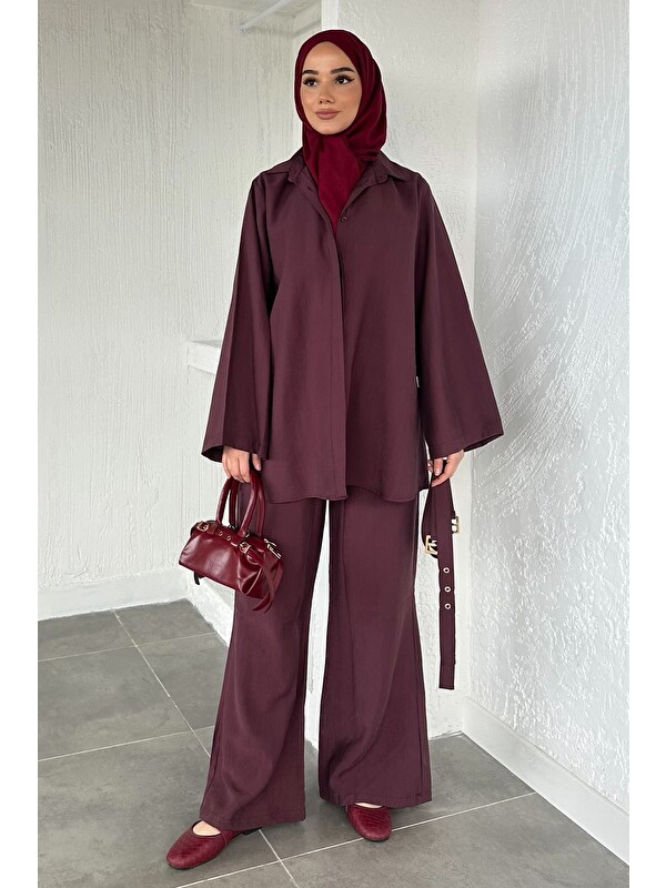 Julude Bel Çift Kemerli Tunik Pantolon Tesettür İkili Takım