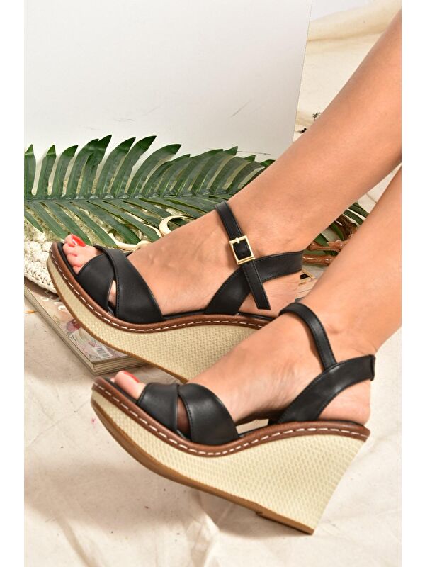 9674040209 Siyah Dolgu Taban Kadın Ayakkabı - Görsel 2