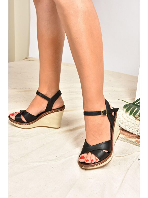 9674040209 Siyah Dolgu Taban Kadın Ayakkabı - Görsel 4