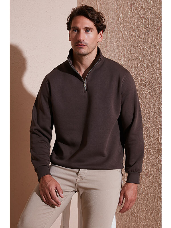 Buratti Pamuklu Regular Fit Yarım Fermuarlı Dik Yaka Erkek Sweat 59052592