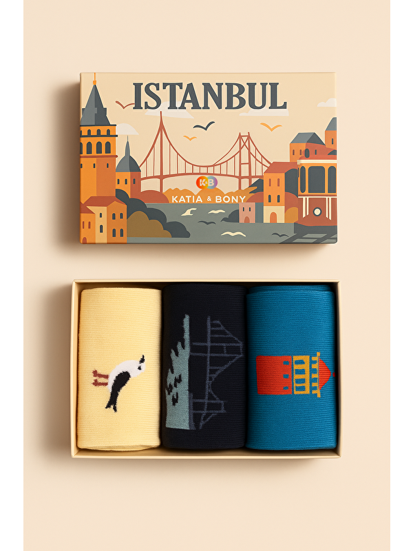 Katia And Bony Özel İstanbul Koleksiyonu Kutulu 3'Lü Şehir İkonları Unisex Çorap Seti
