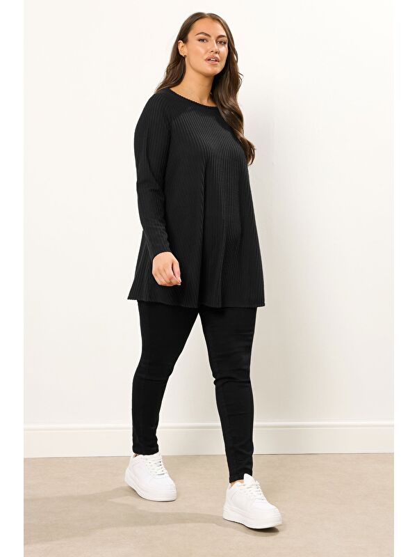 Stil Diva Büyük Beden Bisiklet Yaka Uzun Kollu Fitilli T-shirt 304381
