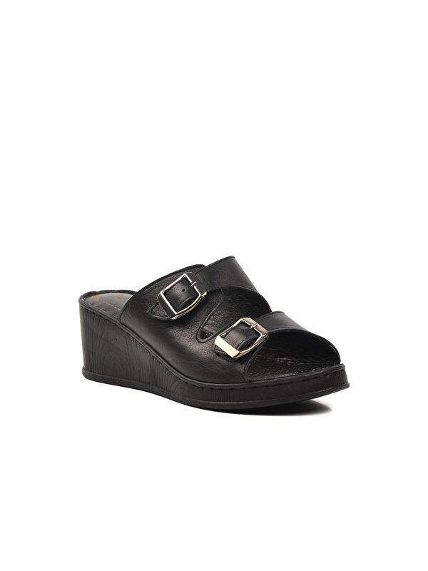 Siyah Hakiki Deri Kadın Dolgu Topuk Terlik 9205 - Görsel 4