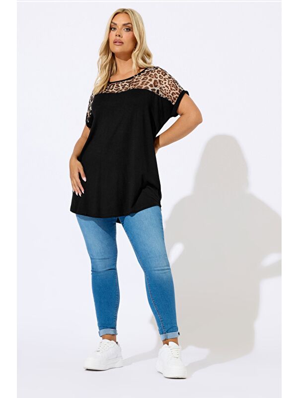 Stil Diva Büyük Beden Bisiklet Yaka Kısa Kollu Transparan Leopar Detaylı T-shirt 304286