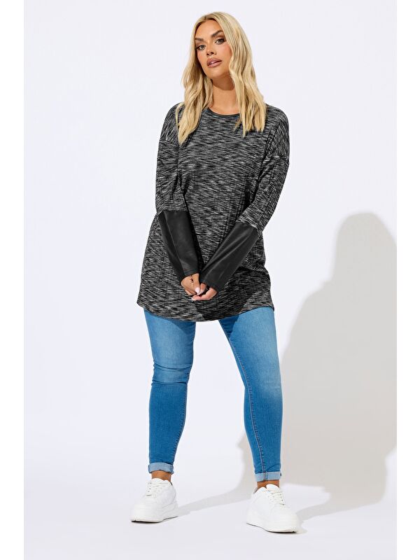 Stil Diva Büyük Beden Bisiklet Yaka Uzun Kollu Deri Detaylı T-shirt 303939