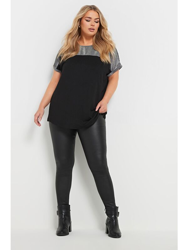 Stil Diva Büyük Beden Bisiklet Yaka Kısa Kollu Parlak Baskılı T-shirt 303844