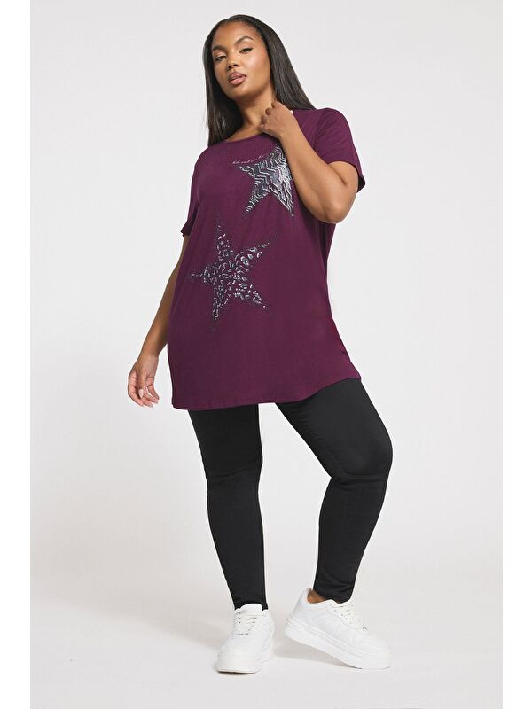 Stil Diva Büyük Beden Bisiklet Yaka Kısa Kollu Parlak Baskılı Taşlı T-shirt 322960