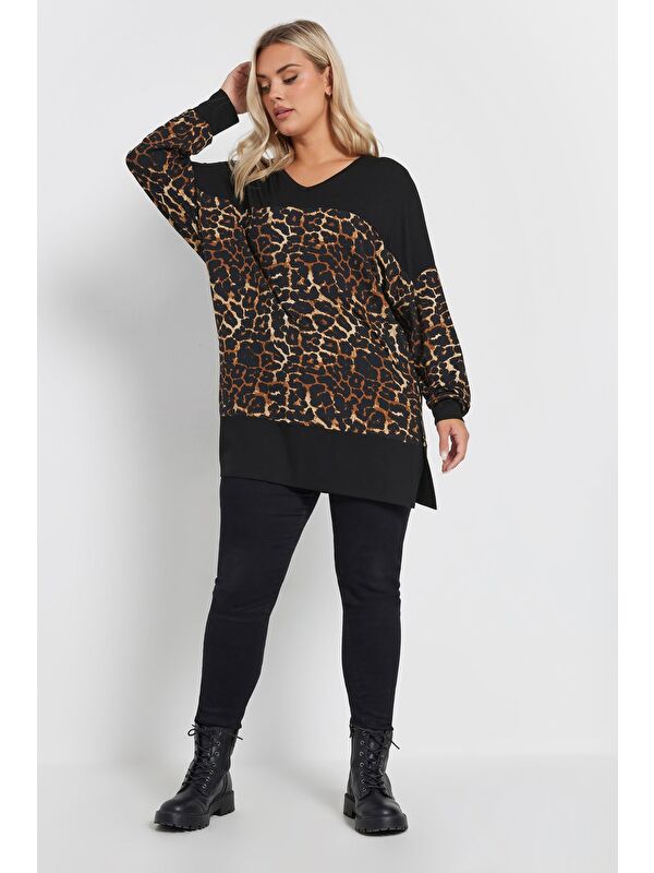 Stil Diva Büyük Beden V Yaka Uzun Kollu Leopar Desenli T-shirt 303784
