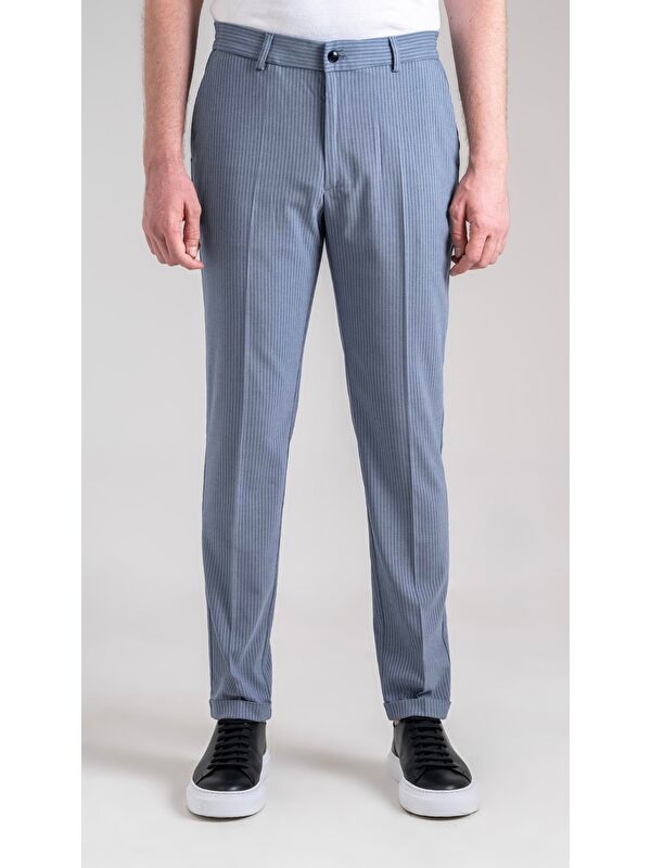 Sabri Özel Giotelli Mavi Slim Fit Çizgili Yandan Cepli Normal Bel Standart Boy Erkek Kumaş Pantolon