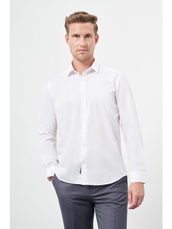 İMZA Beyaz Uzun Kol Kendinden Armürlü Cepsiz Pamuklu Classic Slim Fit Gömlek 1004245202