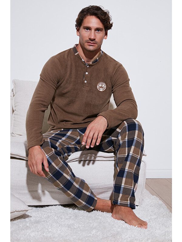 Buratti Ekoseli Regular Fit Düğmeli Bisiklet Yaka Kışlık Polar Erkek Pijama Takımı 60961008