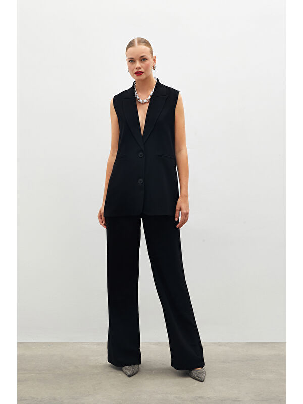 SATEEN Pileli Krep Pantolon - Siyah