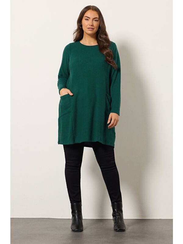 Stil Diva Büyük Beden Bisiklet Yaka Uzun Kollu Cepli Pelüş Tunik 616455