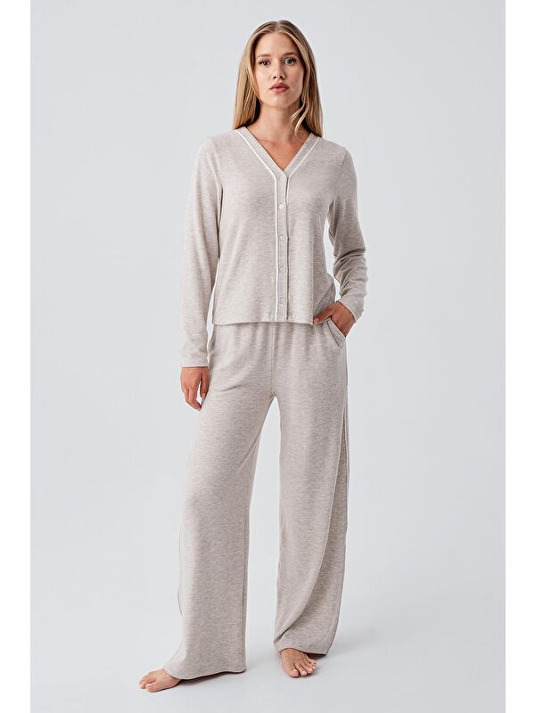 Artış Uzun Kollu Düğmeli Esnek Yumuşak Dokulu Viskoz Pijama Takım 18205