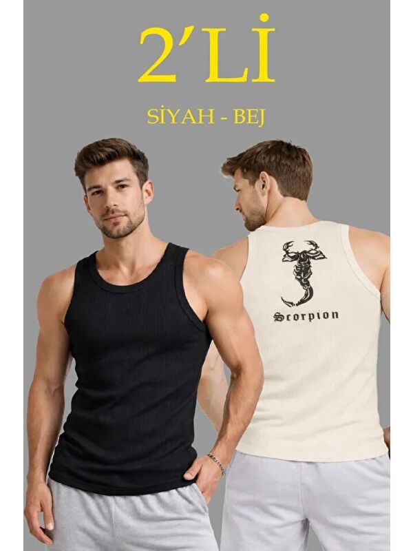 Jane's Erkek Spor Fitilli Atlet 2li Set Siyah Ve Bej Slim Fit Kaşkorse Arka Baskılı Spor Atlet