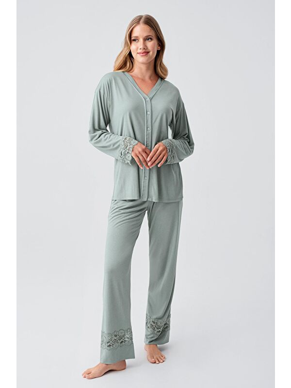 Artış Uzun Kollu Düğmeli Dantelli Esnek Viskoz Pijama Takım 18206