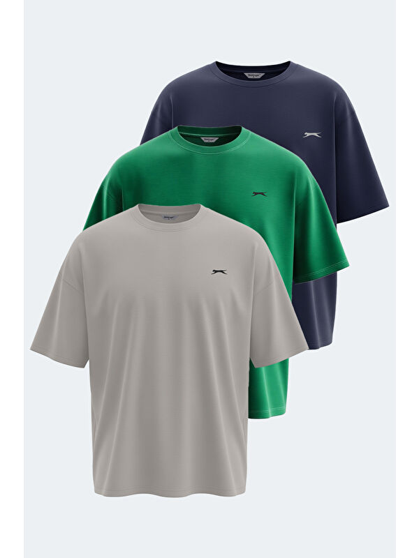 SLAZENGER KAISER 3 lü Set Erkek Taş Gri - Lacivert - Koyu Yeşil %100 Pamuk Tişört