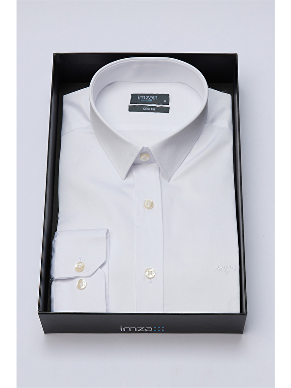 İMZA Beyaz Sert Yaka Uzun Kol Cepsiz Slim Fit %100 Pamuk Gömlek 1004260324