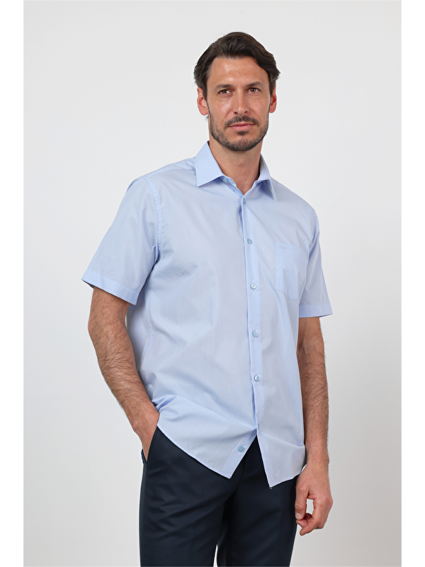 İMZA Mavi Sert Yaka Kısa Kol Cepli Comfort Fit Pamuklu Gömlek 1004260258