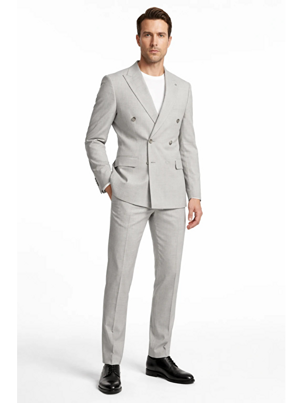 İMZA Gri 6 Drop Slim Fit Esnek Kruvaze Takım Elbise 1001260900
