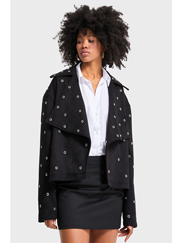 It's Basic Kadın Siyah Renk w5-1 Oversize Kuşgözü Detaylı Özel Tasarım Ceket