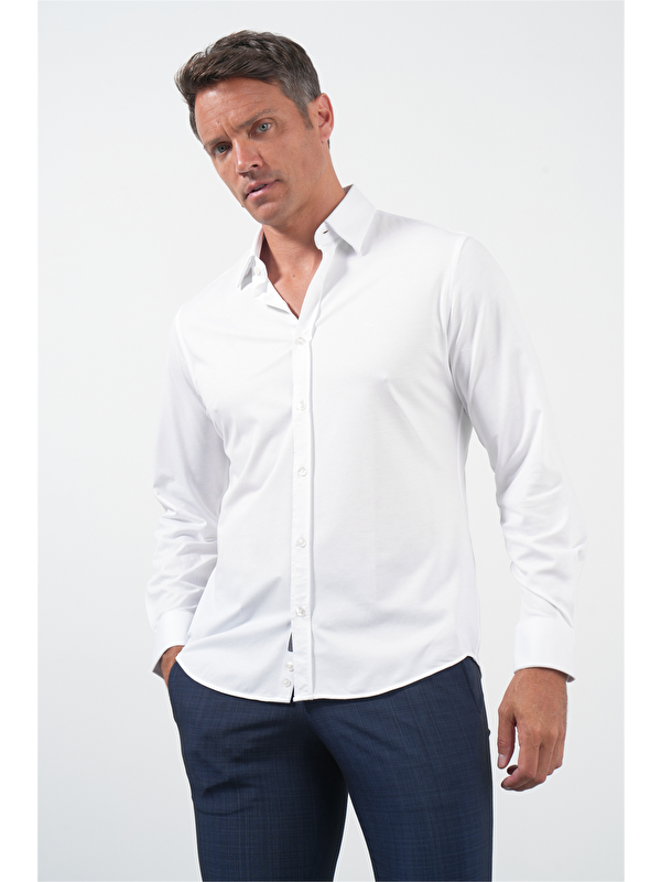 İMZA Beyaz Tulum Yaka Uzun Kol Cepsiz Örme Slim Fit Pamuklu Gömlek 1004260208