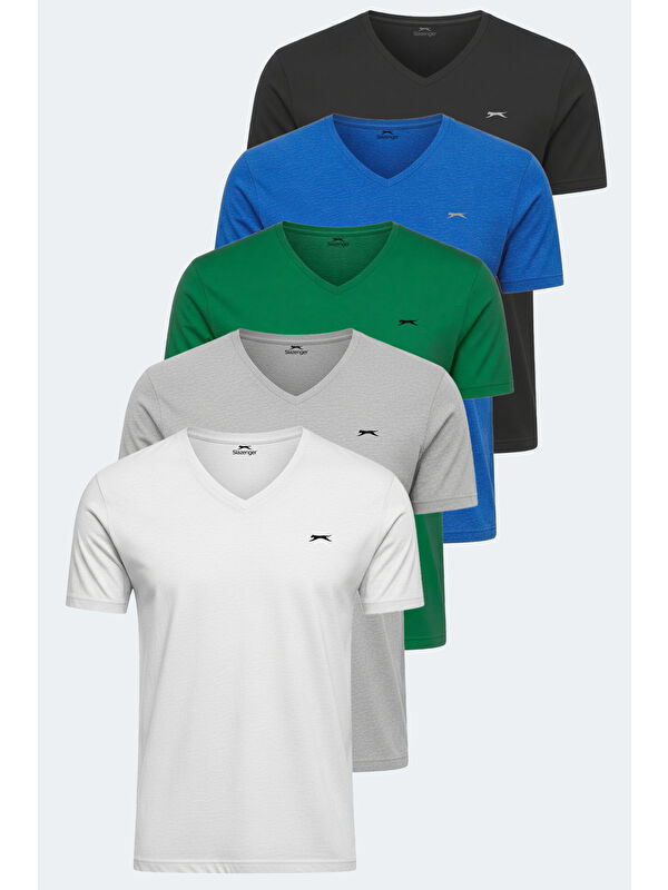SLAZENGER RIVALDO 5 li Set Erkek Beyaz - Siyah - Gri - Yeşil - Saks Mavi %100 Pamuk Tişört