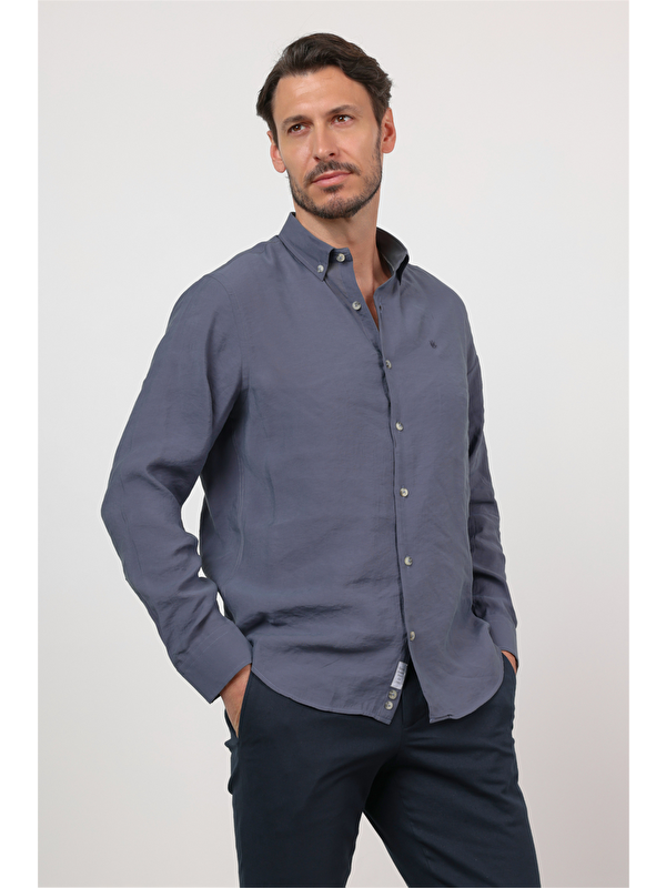 İMZA İndigo Düğmeli Yaka Uzun Kol Cepsiz Slim Fit Modal Gömlek 1004260162
