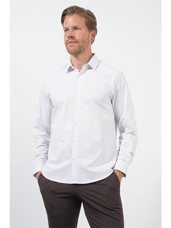 İMZA Beyaz-Lila Sert Yaka Uzun Kol Cepsiz Slim Fit Pamuklu Gömlek 1004260210