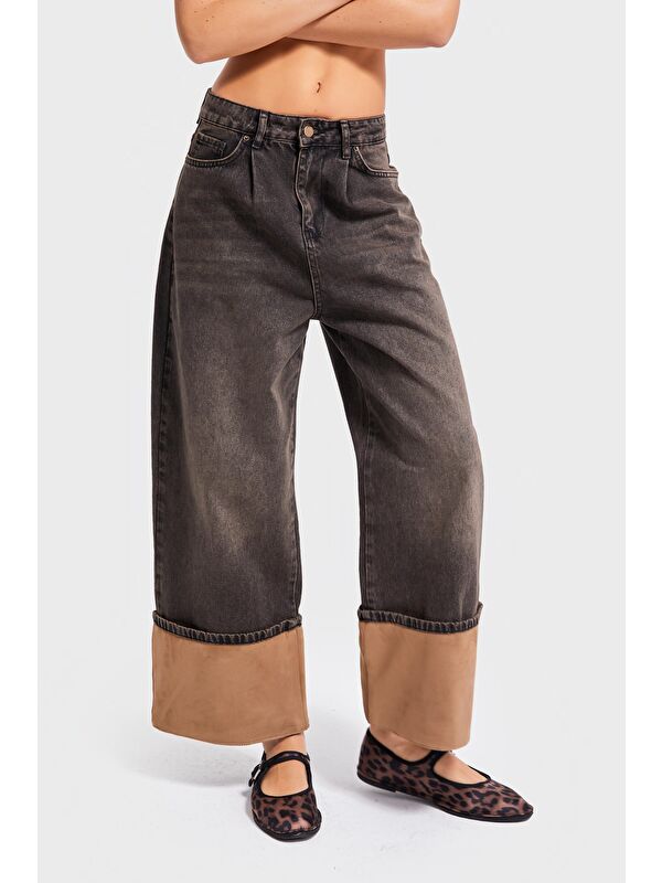 It's Basic Kadın Koyu T.Kot Rengi 4w5-137 Süper Baggy Fit Paça Süet Kumaş Detaylı Tasarım Denim Jean