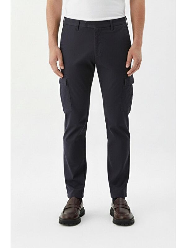 Sabri Özel Giotelli Lacivert Comfort Fit Yünlü Esnek Kargo Cepli Normal Bel Standart Boy Erkek Pantolon