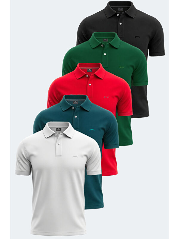 SLAZENGER VALE KTN 5 li Set Erkek Beyaz - Siyah - Petrol - Yeşil - Kırmızı %100 Pamuk Tişört