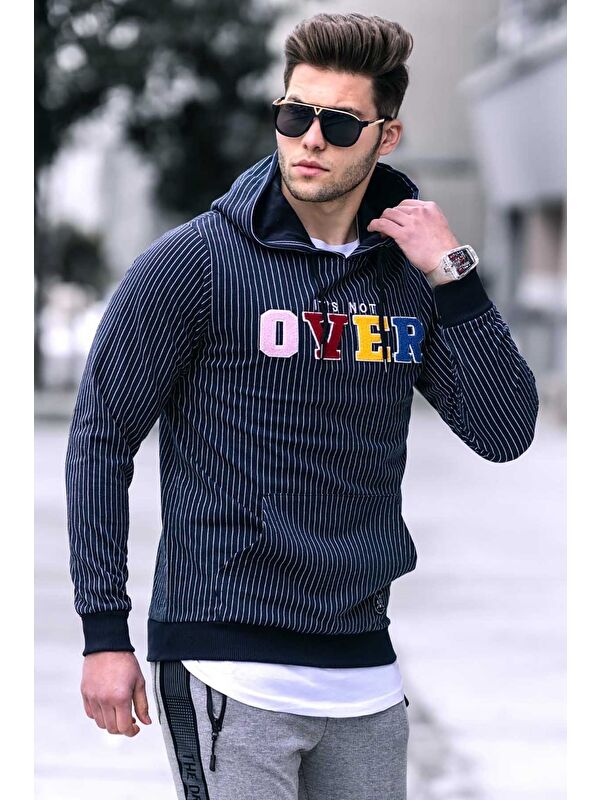 Madmext Lacivert Kapüşonlu Sweatshirt - Çizgili Detaylı 2788